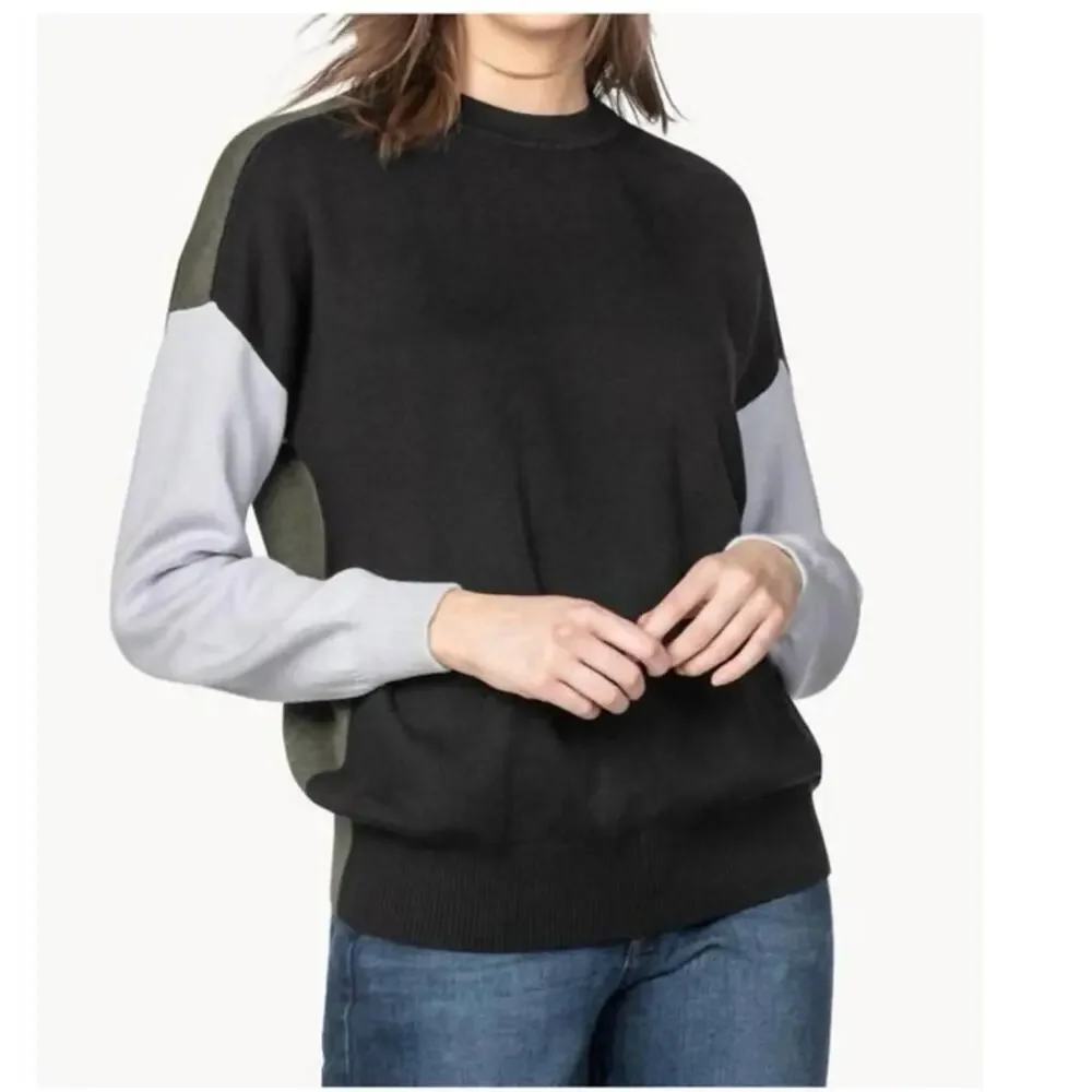 Lilla P Colorblock Knit Sweater Black Olive Gray Long Sleeve Sz S Cotton Modal - Picture 3 of 9